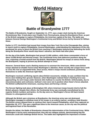 Battle of Brandywine 1777 “Article & Questions” Assignment