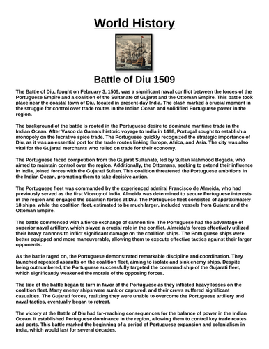 Battle of Diu 1509 “Article & Questions” Assignment