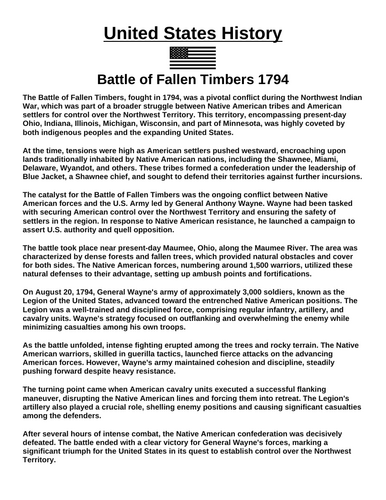 Battle of Fallen Timbers 1794 “Article & Questions” Assignment