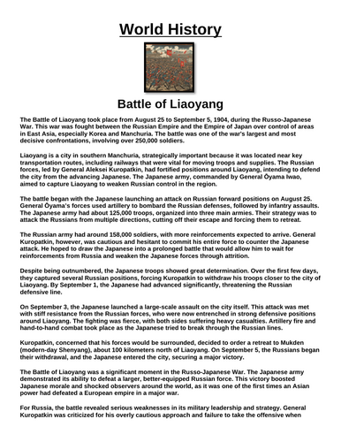 Battle of Liaoyang “Article & Questions” Assignment