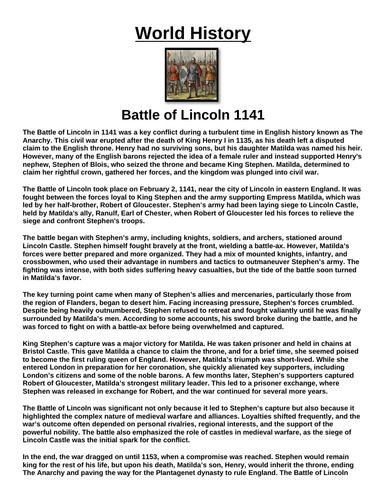 Battle of Lincoln 1141 “Article & Questions” Assignment