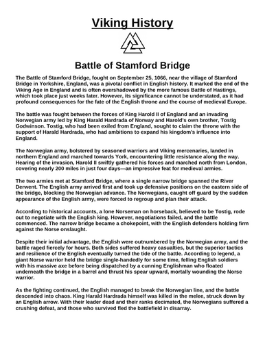 Battle of Stamford Bridge “Article & Questions” Assignment