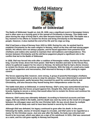 Battle of Stiklestad “Article & Questions” Assignment