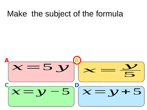 Quiz on changing the subject of a formula