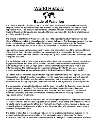 Battle of Waterloo “Article & Questions” Assignment