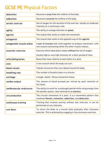 GCSE PE: Physical Factors Glossary