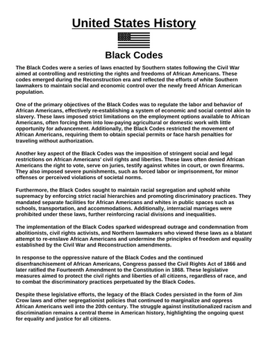 Black Codes “Article & Questions” Assignment