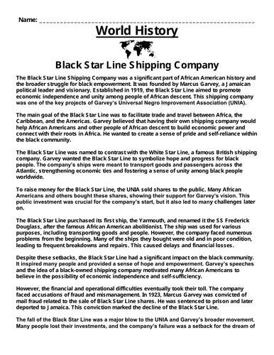 Black Star Line Shipping Company “Article & Questions” Assignment