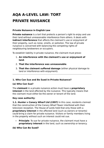 Private Nuisance - A-Level Law Revision Summary