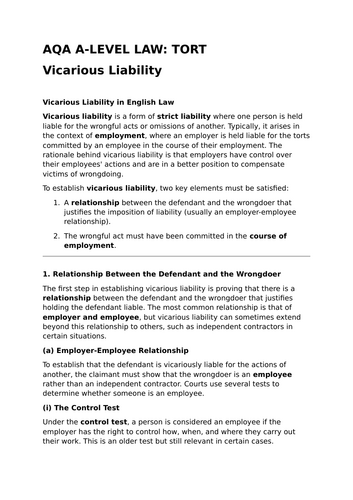 Vicarious Liability - A-Level Law Revision Summary