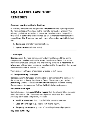 Tort Remedies - A-Level Law Revision Summary