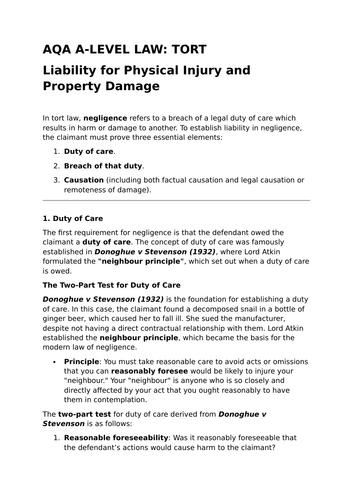 Liability for Physical Injury and Property Damage - A-Level Law Revision Summary