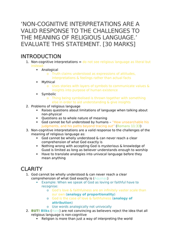 A-Level RS: Non-Cognitive Religious Language 30 Mark Essay + Model + Plan - Eduqas Philosophy