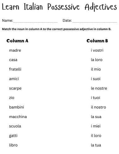 possessive adjectives italian worksheet - possessive pronouns italian exercises