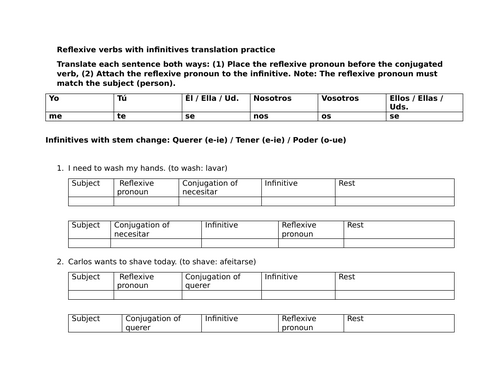 Reflexive verbs with infinitives translation practice