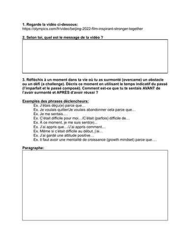 FRENCH worksheet - A challenge that I overcame