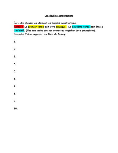 FRENCH worksheet - Les doubles constructions