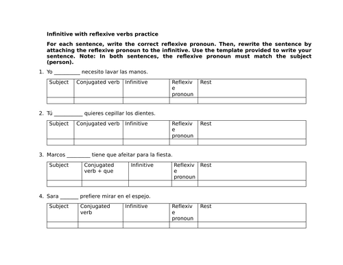 Infinitive with reflexive verbs practice