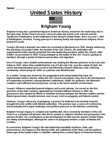 Brigham Young "Article & Questions” Assignment