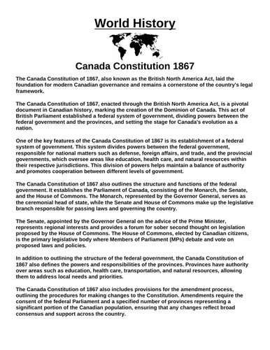 Canada Constitution 1867 “Article & Questions” Assignment