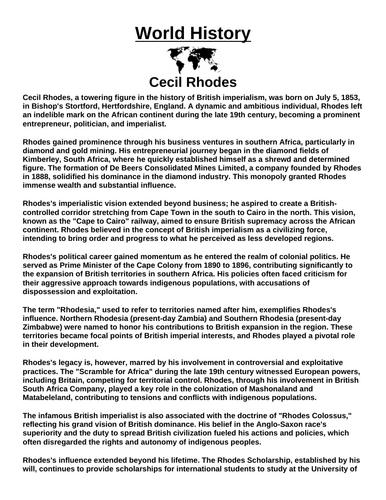 Cecil Rhodes “Article & Questions” Assignment