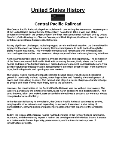 Central Pacific Railroad “Article & Questions” Assignment