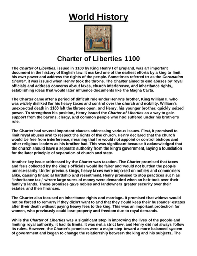 Charter of Liberties 1100 “Article & Questions” Assignment