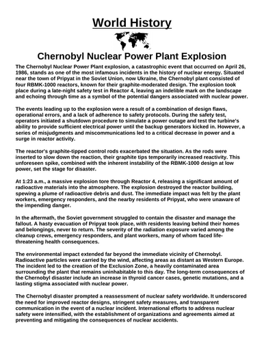 Chernobyl Nuclear Power Plant Explosion “Article & Questions” Assignment