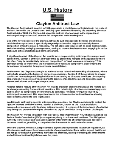 Clayton Antitrust Law “Article & Questions” Assignment