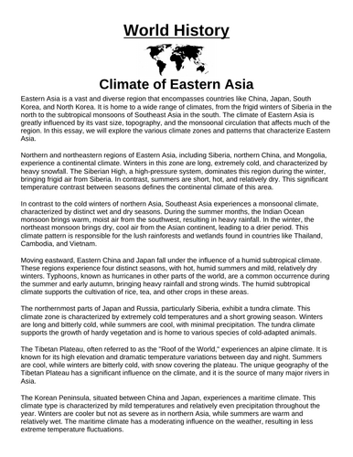 Climate of Eastern Asia “Article & Questions” Assignment