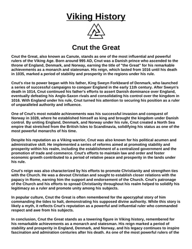 Cnut the Great “Article & Questions” Assignment (VIKING HISTORY)