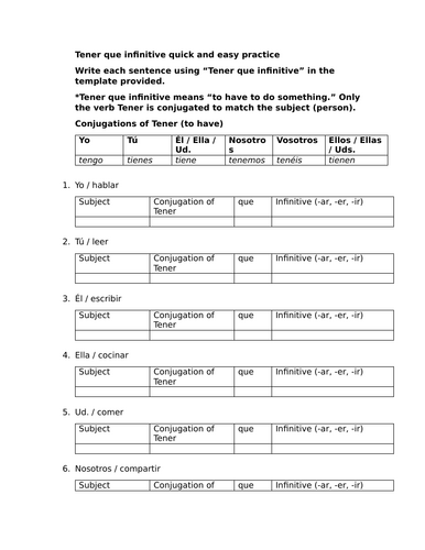 Tener que infinitive quick and easy practice