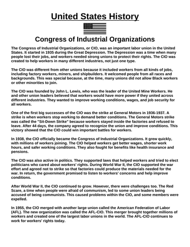 Congress of Industrial Organizations “Article & Questions” Assignment