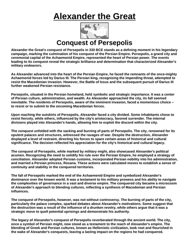 Conquest of Persepolis (Alexander the Great) “Article & Questions” Assignment