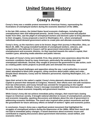 Coxey's Army “Article & Questions” Assignment