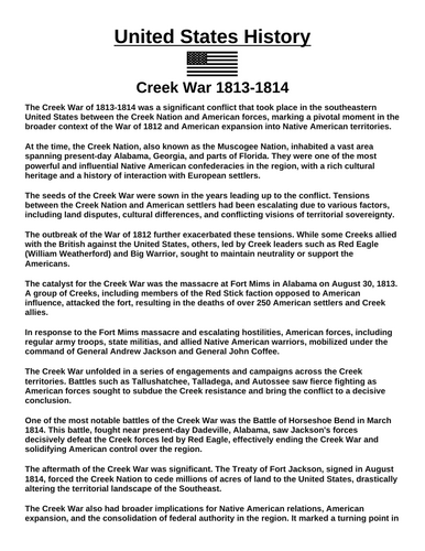 Creek War 1813-1814 “Article & Questions” Assignment