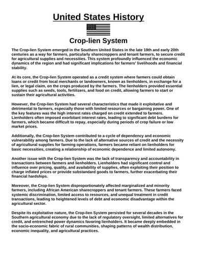 Crop-lien System “Article & Questions” Assignment