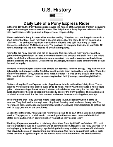 Daily Life of a Pony Express Rider “Article & Questions” Assignment