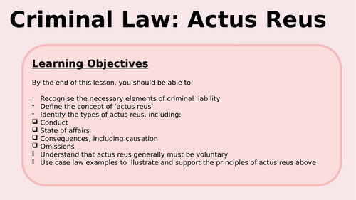 Actus Reus Lesson PowerPoint - Law Lesson