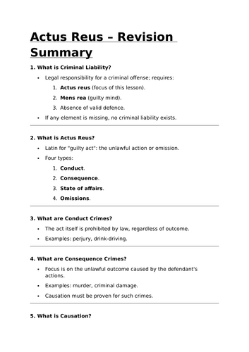 Actus Reus Revision Summary - Criminal Law Revision