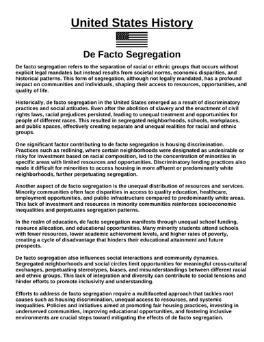 De Facto Segregation “Article & Questions” Assignment