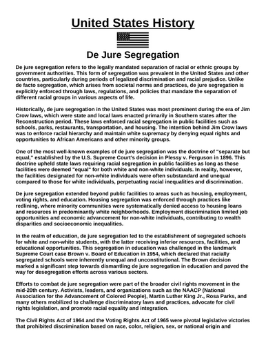 De Jure Segregation “Article & Questions” Assignment