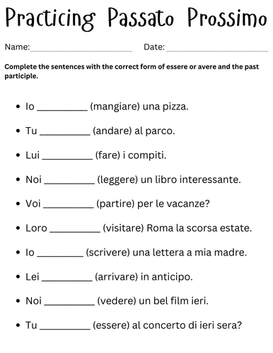 passato prossimo italian worksheet