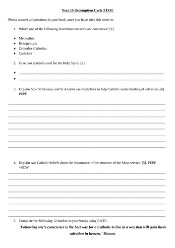 Unit 4 Redemption Assessment Materials. AQA B Catholic Christianity GCSE