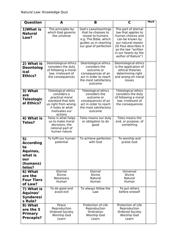 A Level OCR Natural Law Knowledge Quiz Sheet