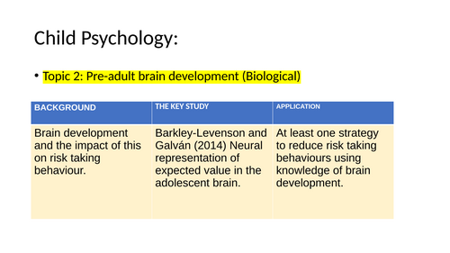 PAPER 3: OCR A LEVEL PSYCHOLOGY :  Child Psychology Topic 2: Pre adult brain