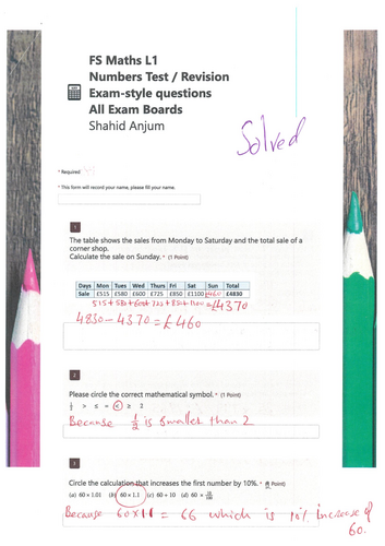 Solved Functional Skills Maths L1 Numbers Test