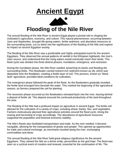 Nile River Flooding “Article & Questions” Assignment (ANCIENT EGYPT)