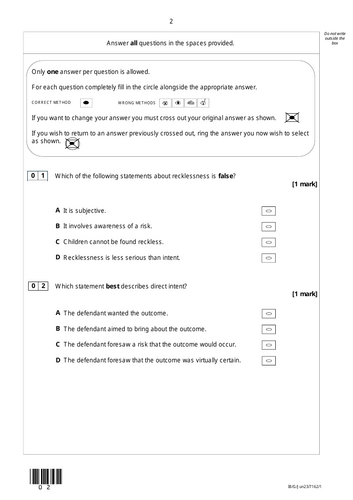 Mens Rea Multiple Choice Questions - Law Revision Quiz