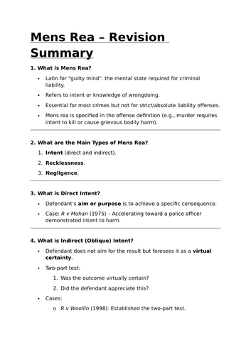 Mens Rea Revision Summary - Criminal Law Revision